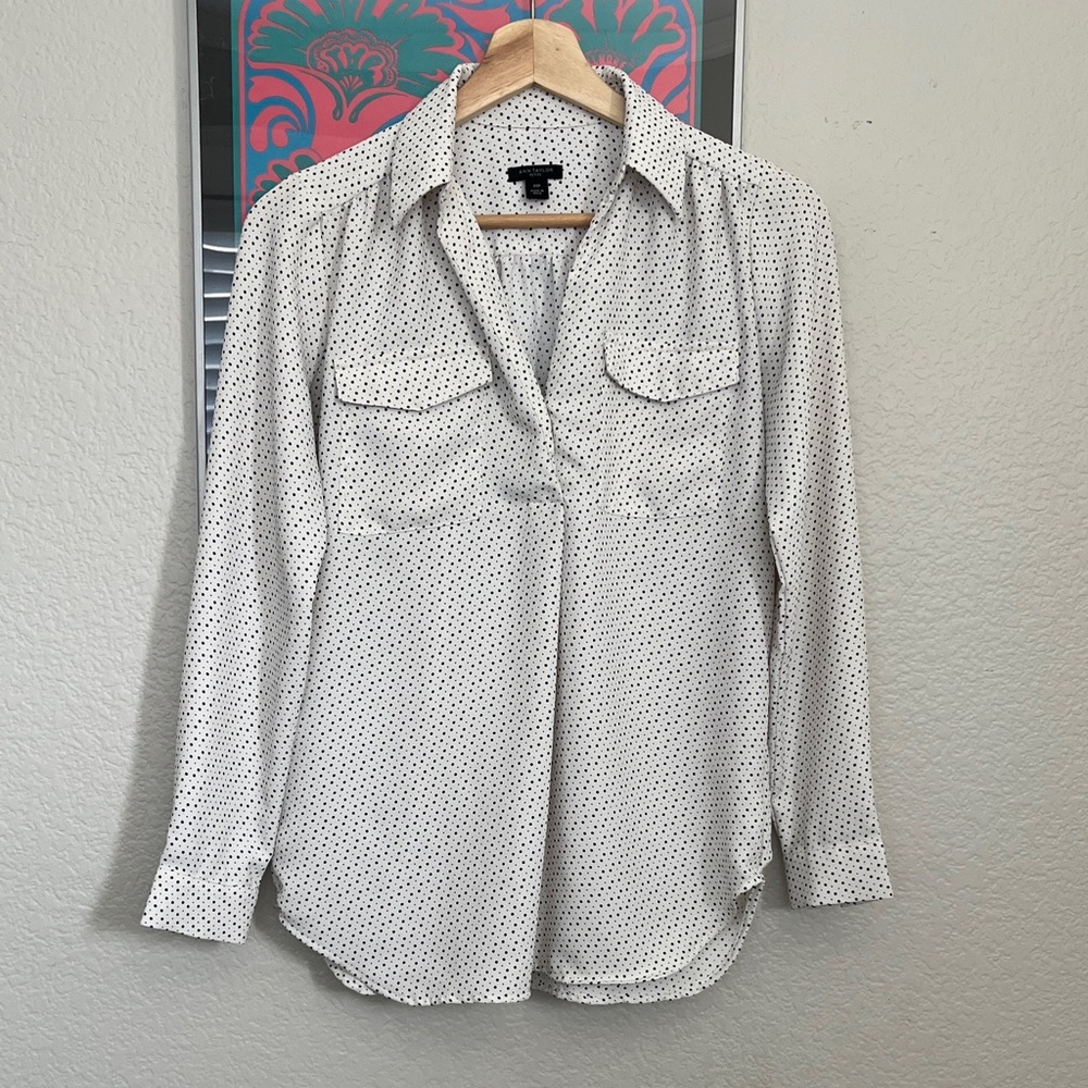 Ann Taylor White Blouse with Black Polka Dots - Button Front